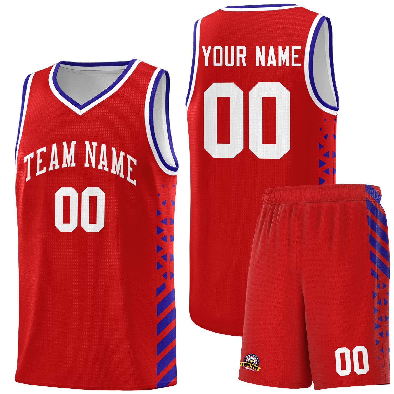 Custom Red Basketball Kits With Side Royal Diamond Stripe Pattern
