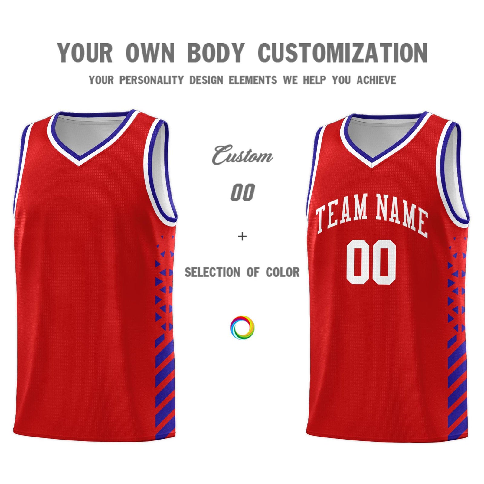 Custom Red Basketball Kits With Side Royal Diamond Stripe Pattern