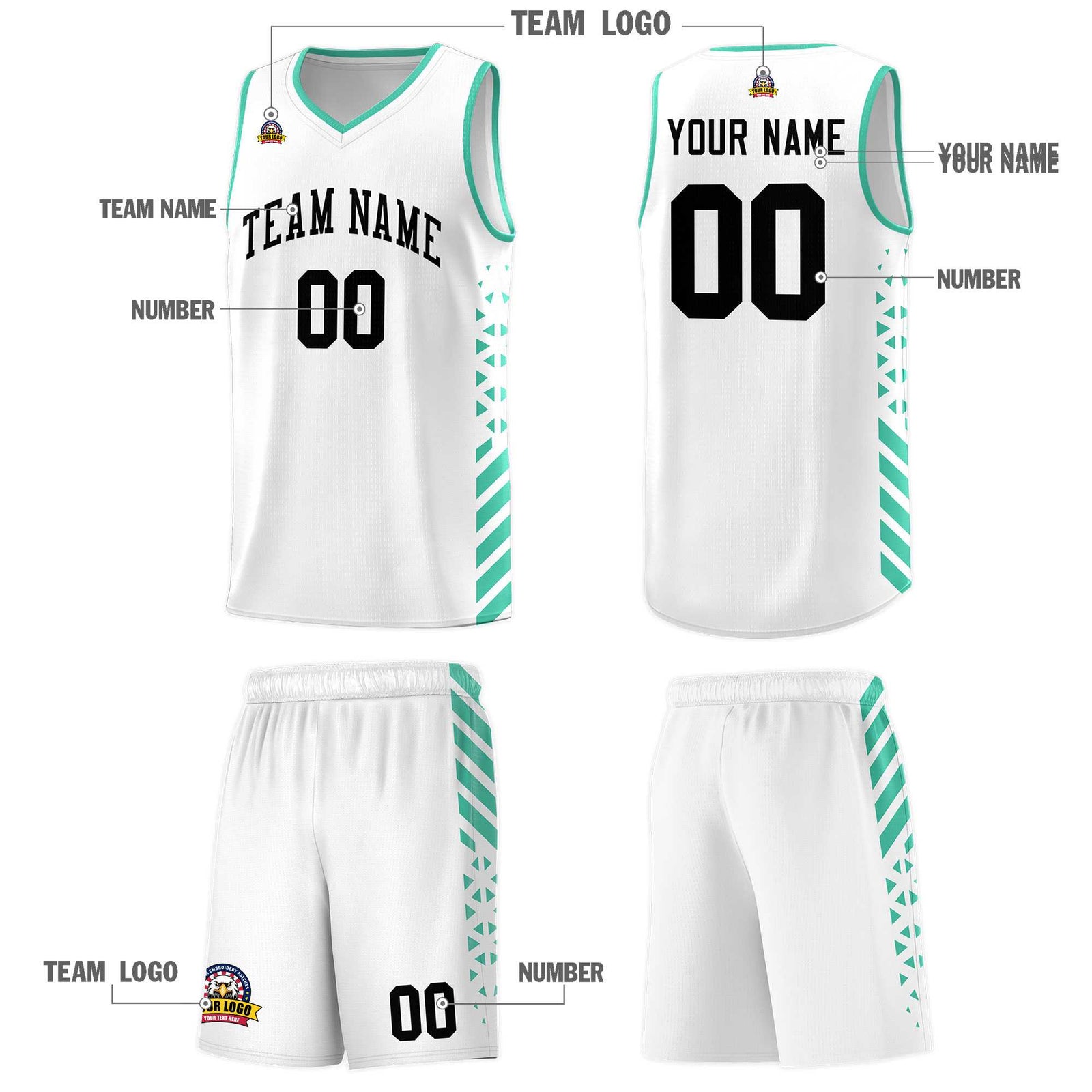 Custom White Basketball Kits With Side Bright Green Diamond Stripe Pattern