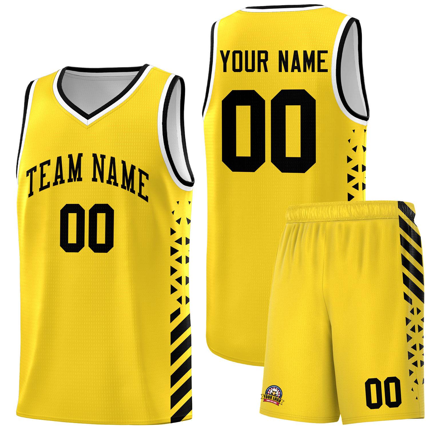 Custom Gold Basketball Kits With Side Black Diamond Stripe Pattern