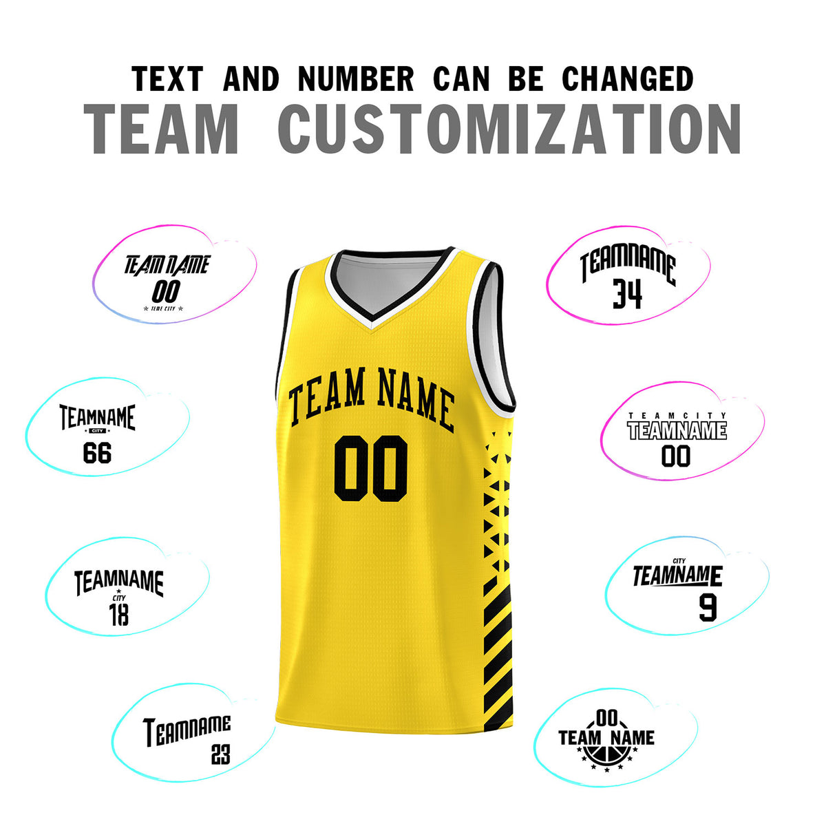Custom Gold Basketball Kits With Side Black Diamond Stripe Pattern