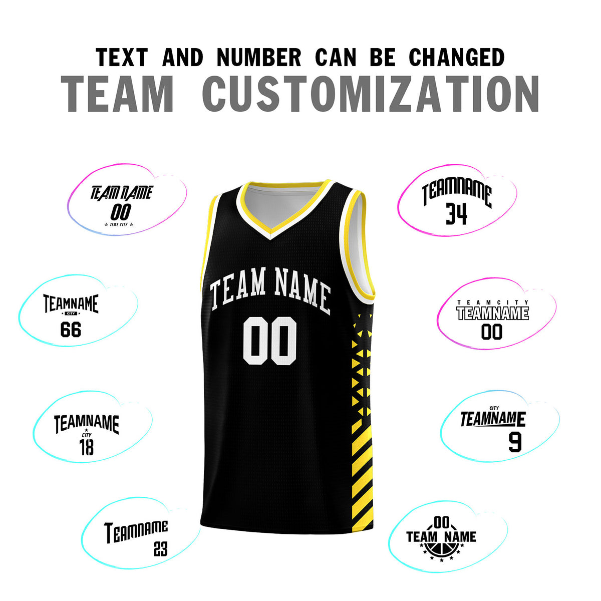 Custom Black Basketball Kits With Side Gold Diamond Stripe Pattern
