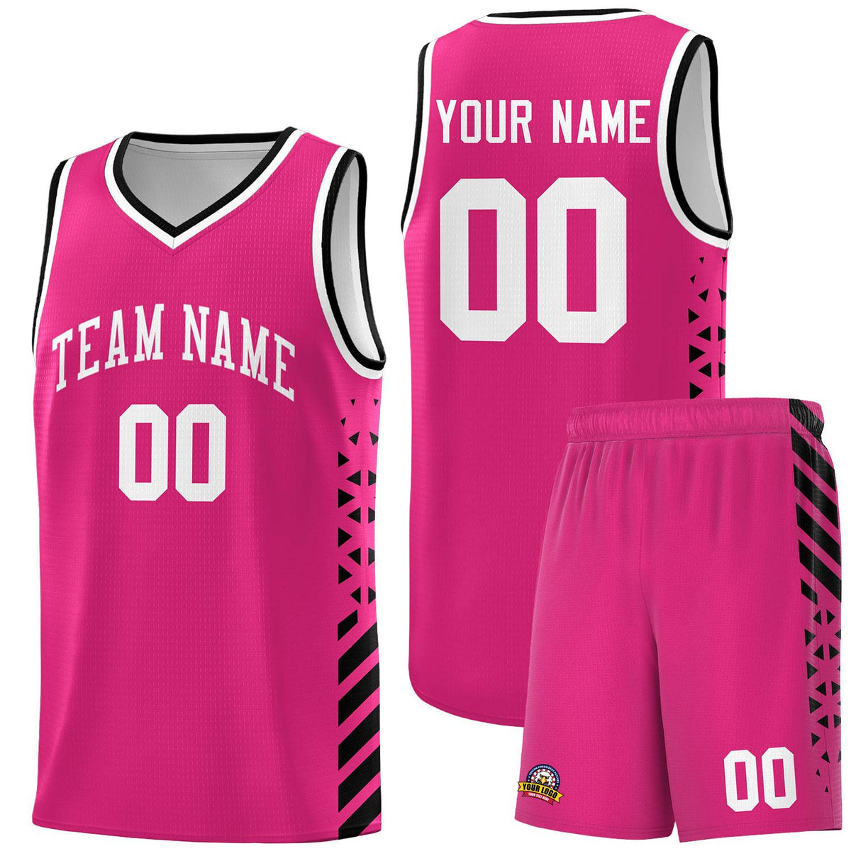 Custom Rose Red Basketball Kits With Side Black Diamond Stripe Pattern