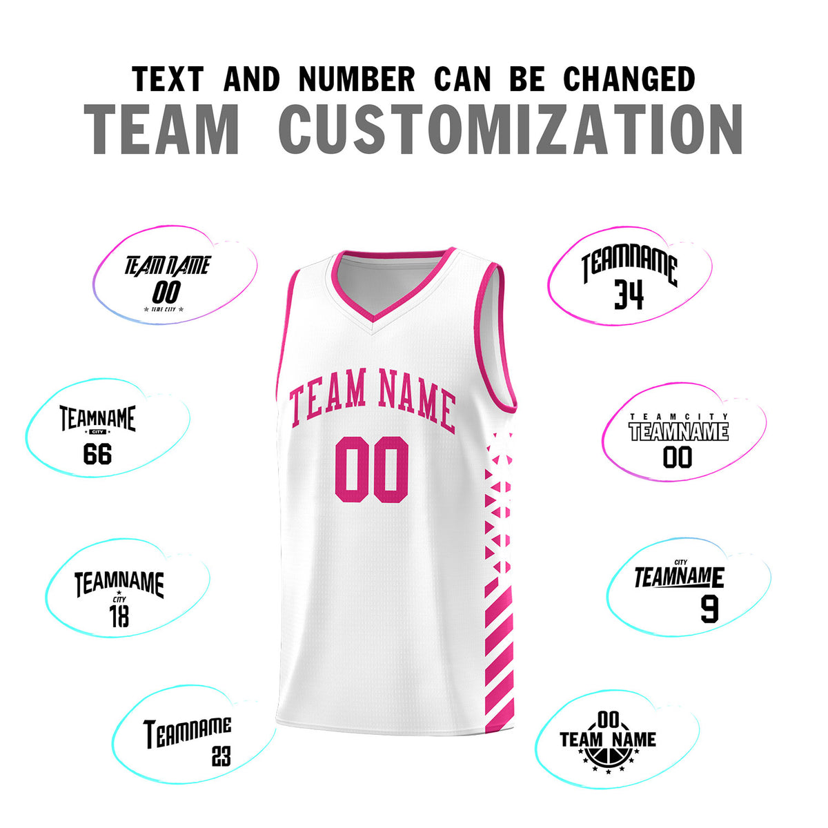Custom White Basketball Kits With Side Rose Red Diamond Stripe Pattern