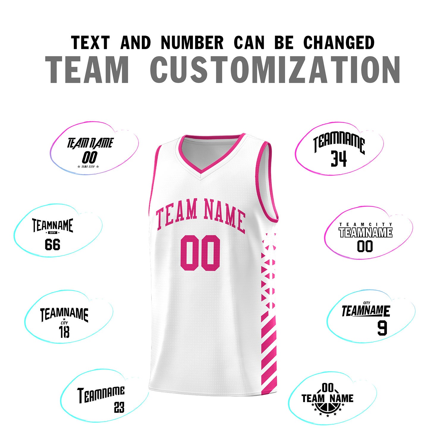 Custom White Basketball Kits With Side Rose Red Diamond Stripe Pattern