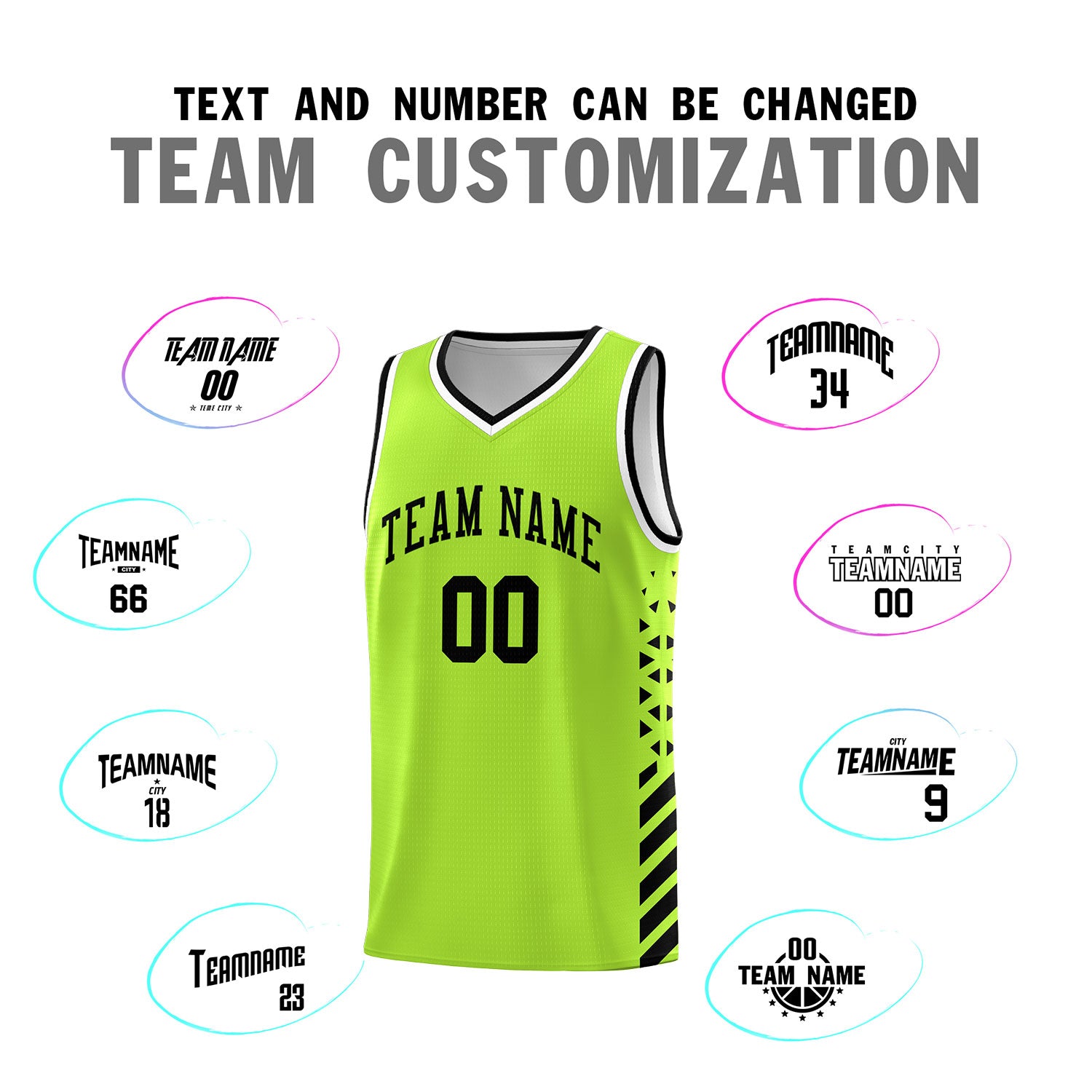Custom Neon Green Basketball Kits With Side Black Diamond Stripe Pattern