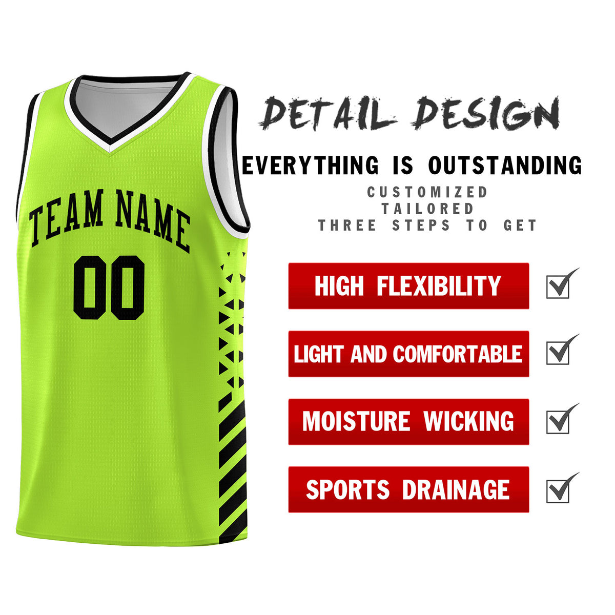 Custom Neon Green Basketball Kits With Side Black Diamond Stripe Pattern