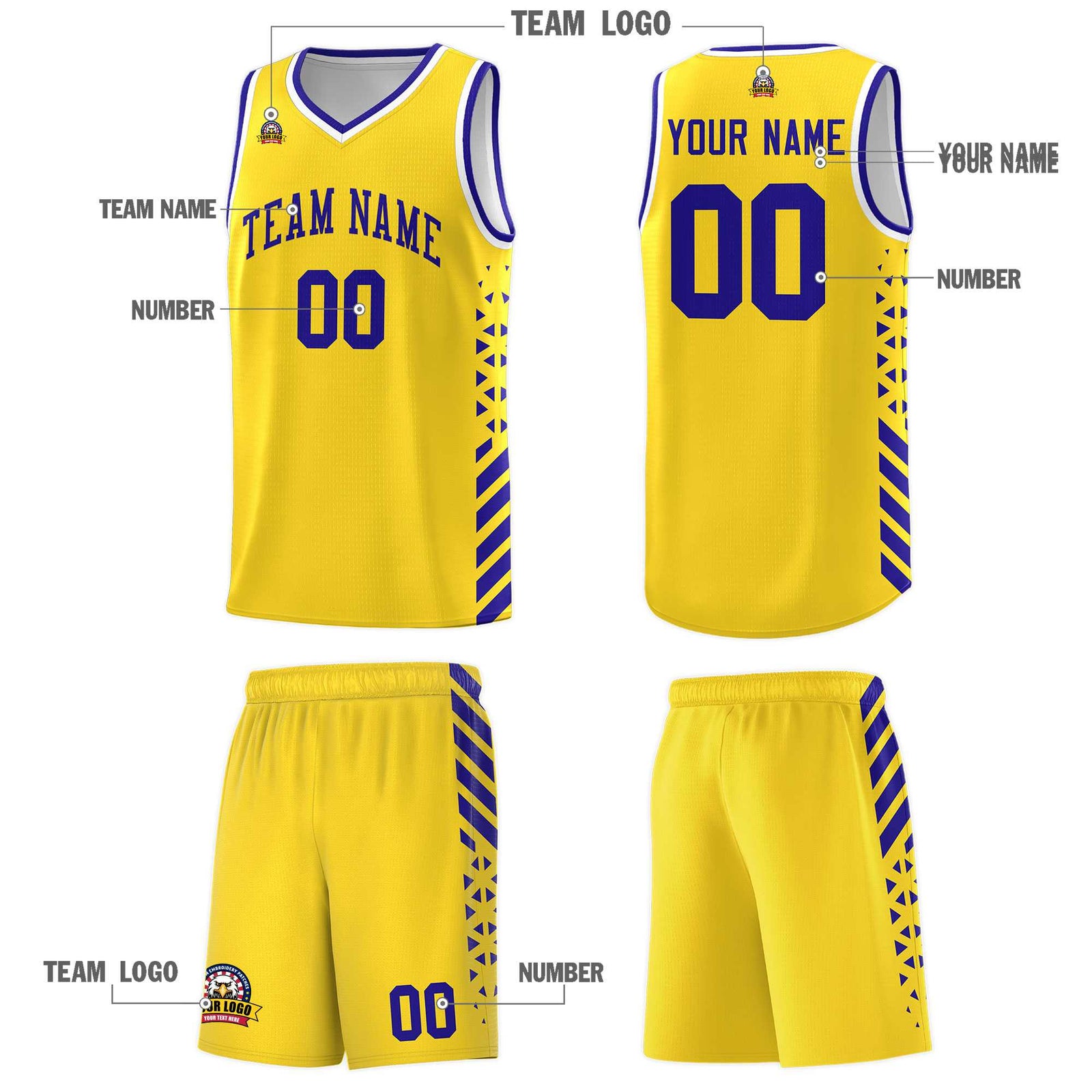 Custom Gold Basketball Kits With Side Royal Diamond Stripe Pattern