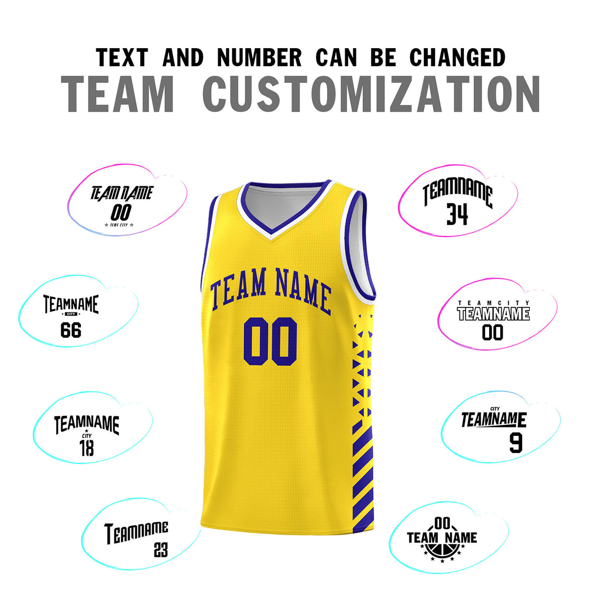 Custom Gold Basketball Kits With Side Royal Diamond Stripe Pattern