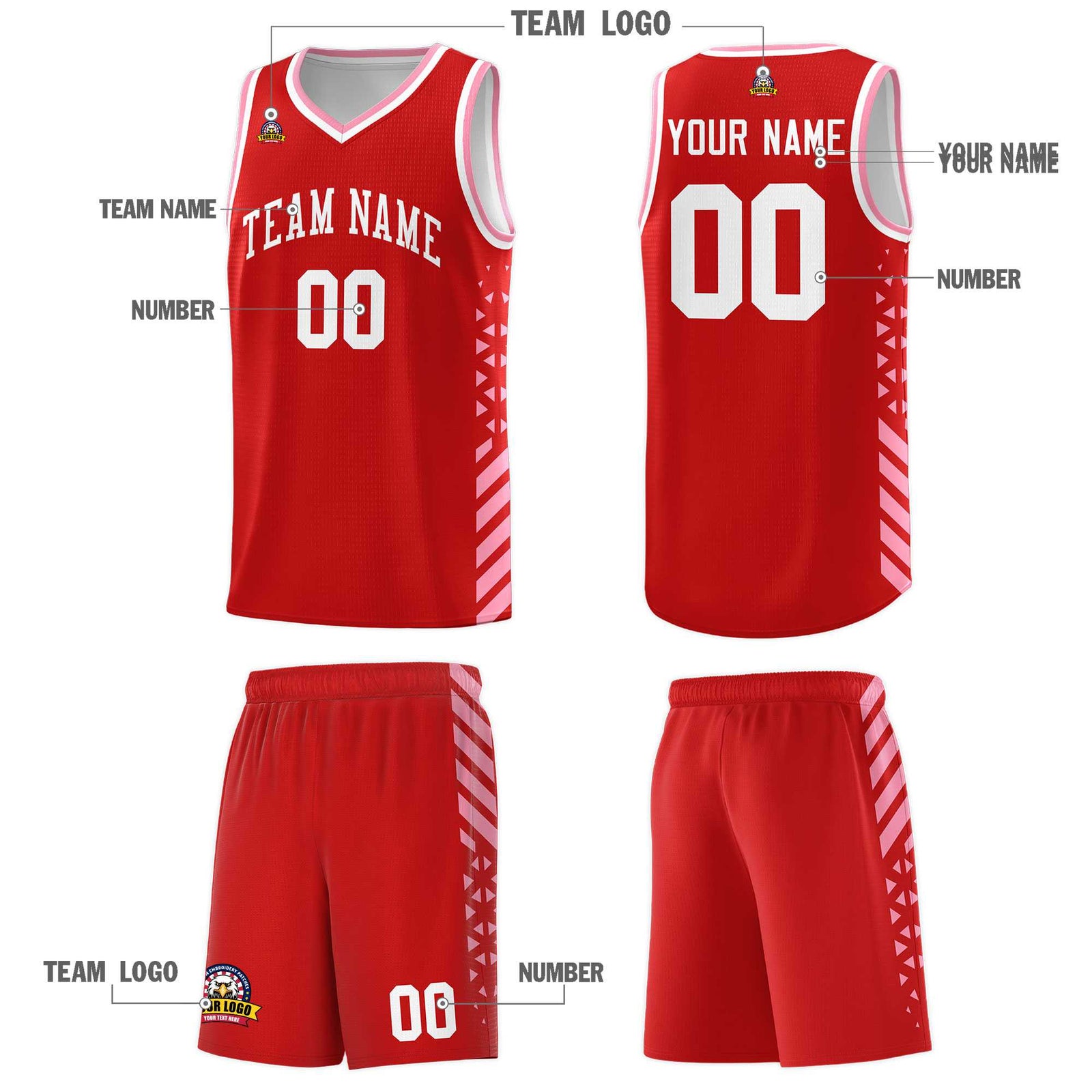 Custom Red Basketball Kits With Side Light Pink Diamond Stripe Pattern