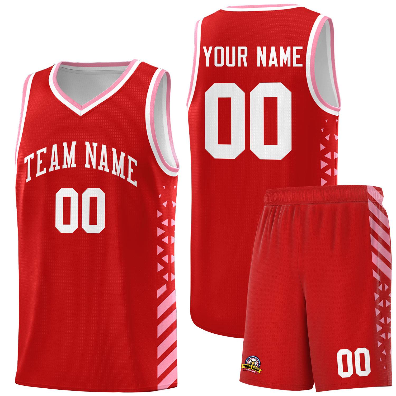 Custom Red Basketball Kits With Side Light Pink Diamond Stripe Pattern