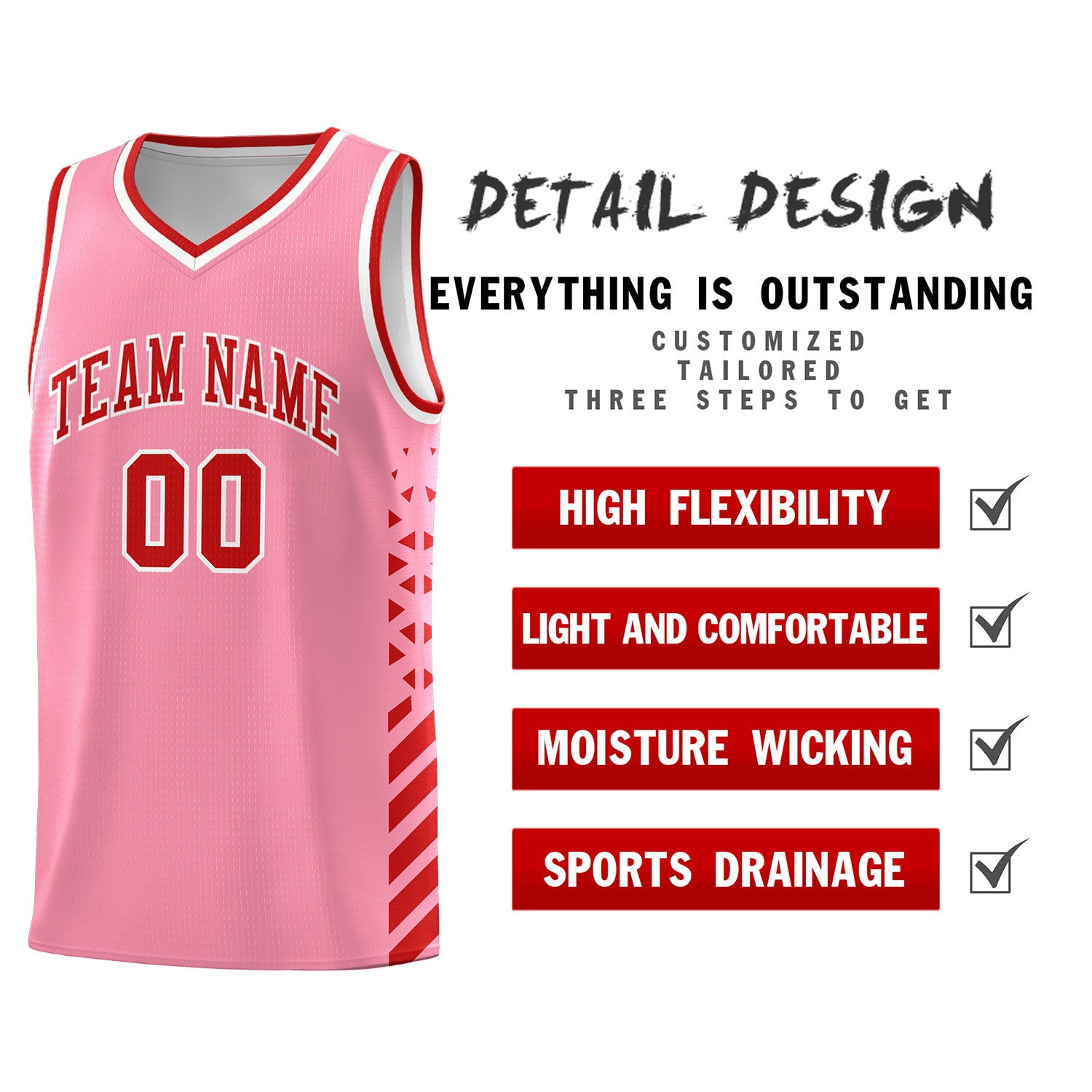 Custom Light Pink Basketball Kits With Side Red Diamond Stripe Pattern