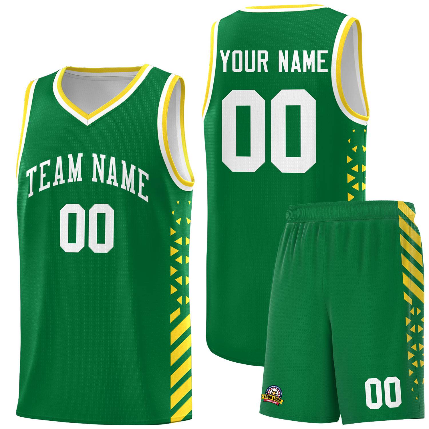 Custom Kelly Green Basketball Kits With Side Gold Diamond Stripe Pattern