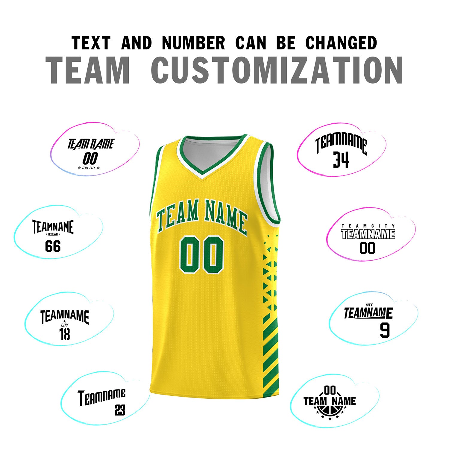 Custom Gold Basketball Kits With Side Kelly Green Diamond Stripe Pattern