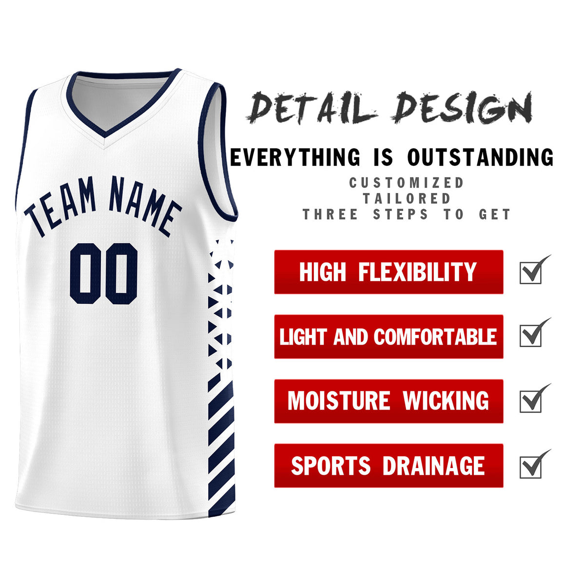 Custom White Basketball Kits With Side Navy Diamond Stripe Pattern