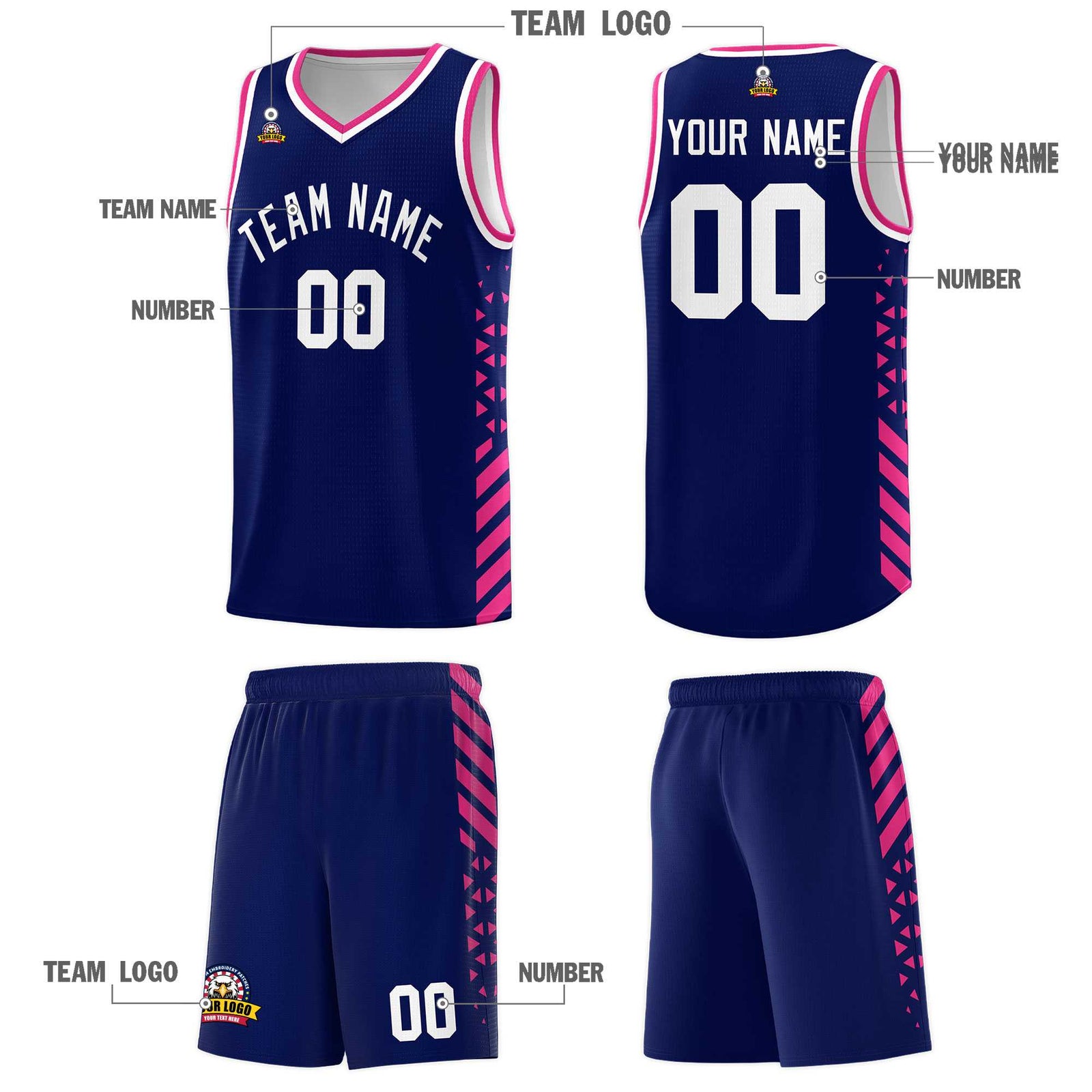 Custom Navy Basketball Kits With Side Rose Red Diamond Stripe Pattern
