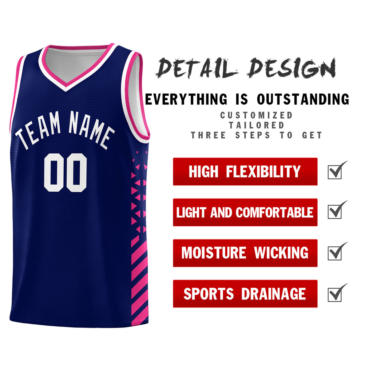 Custom Navy Basketball Kits With Side Rose Red Diamond Stripe Pattern