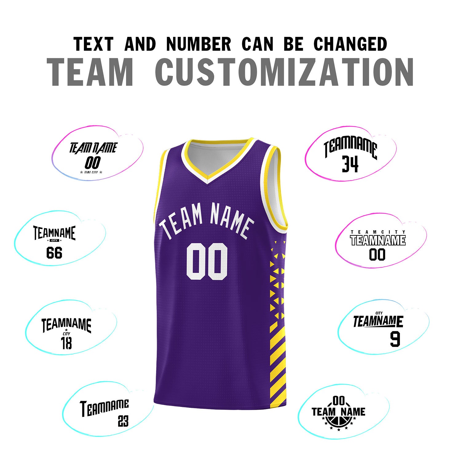 Custom Purple Basketball Kits With Side Gold Diamond Stripe Pattern