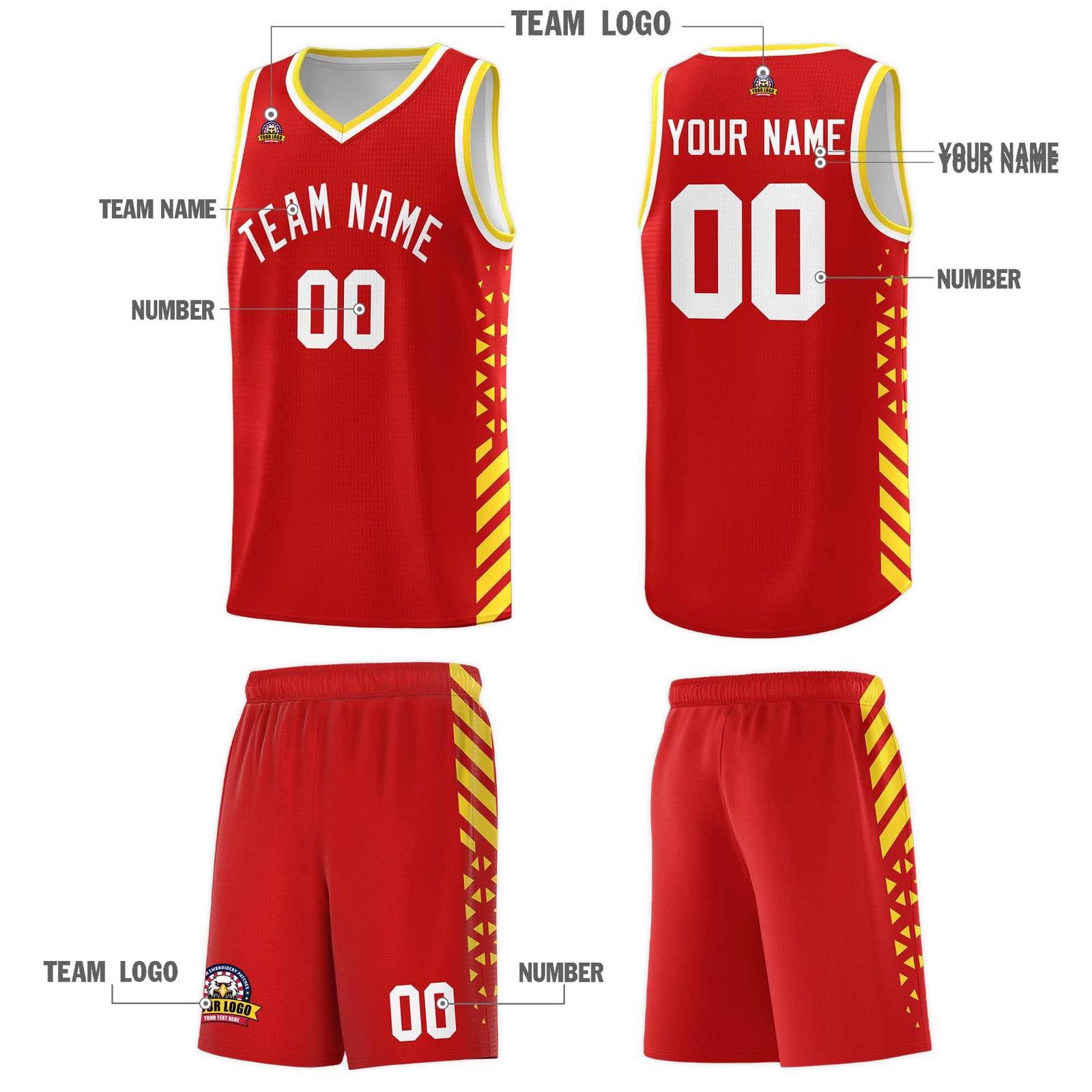 Custom Red Basketball Kits With Side Gold Diamond Stripe Pattern