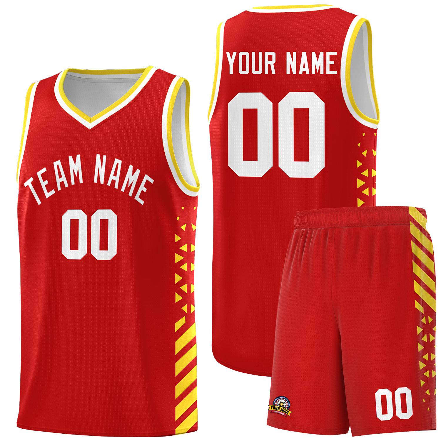 Custom Red Basketball Kits With Side Gold Diamond Stripe Pattern