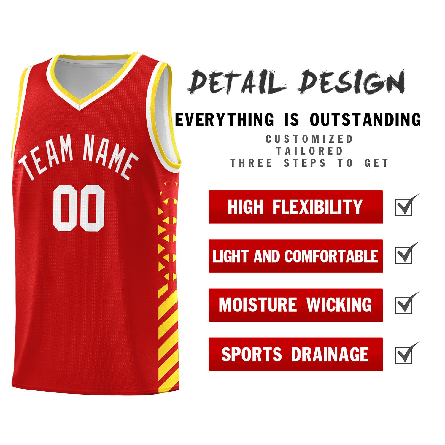 Custom Red Basketball Kits With Side Gold Diamond Stripe Pattern