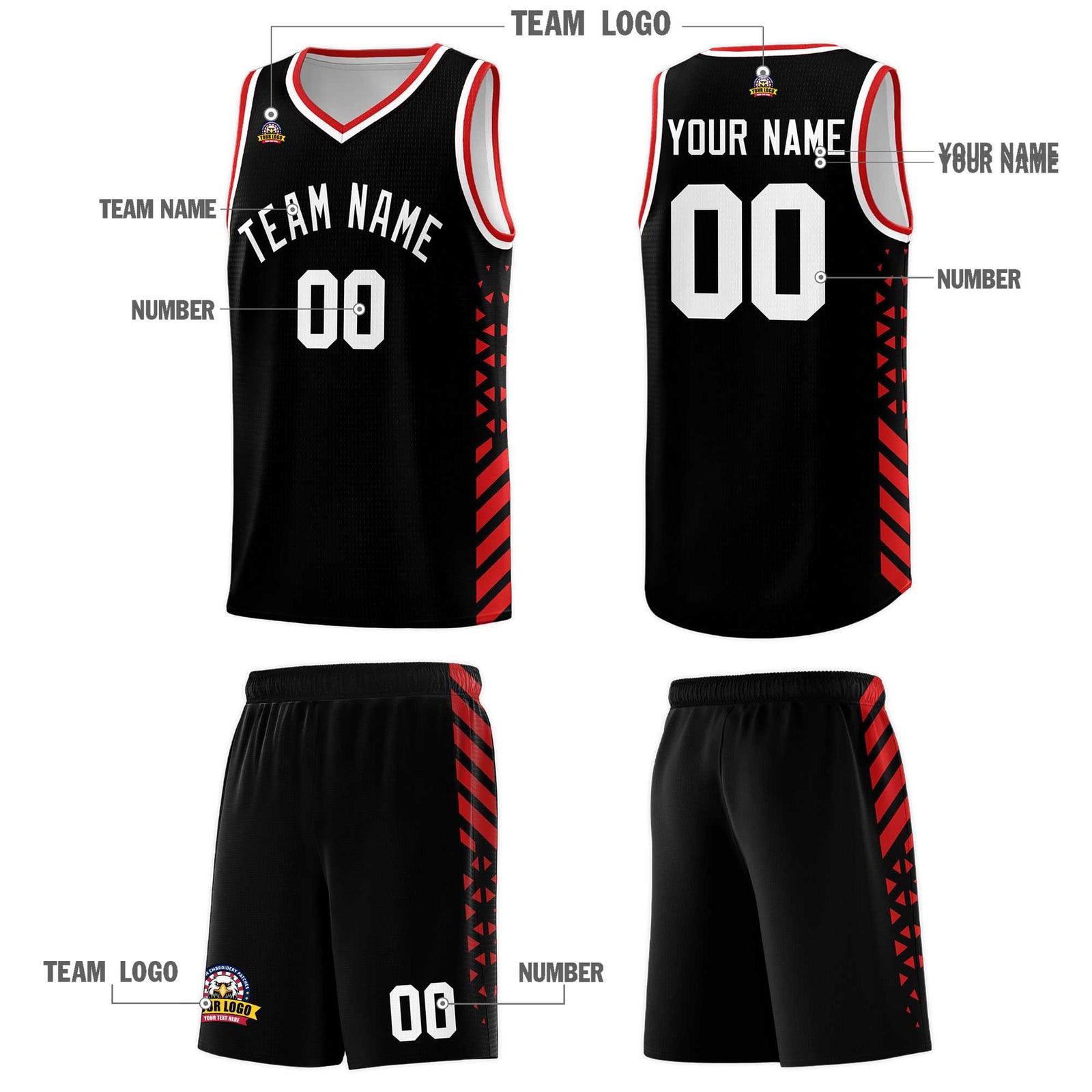 Custom Black Basketball Kits With Side Red Diamond Stripe Pattern