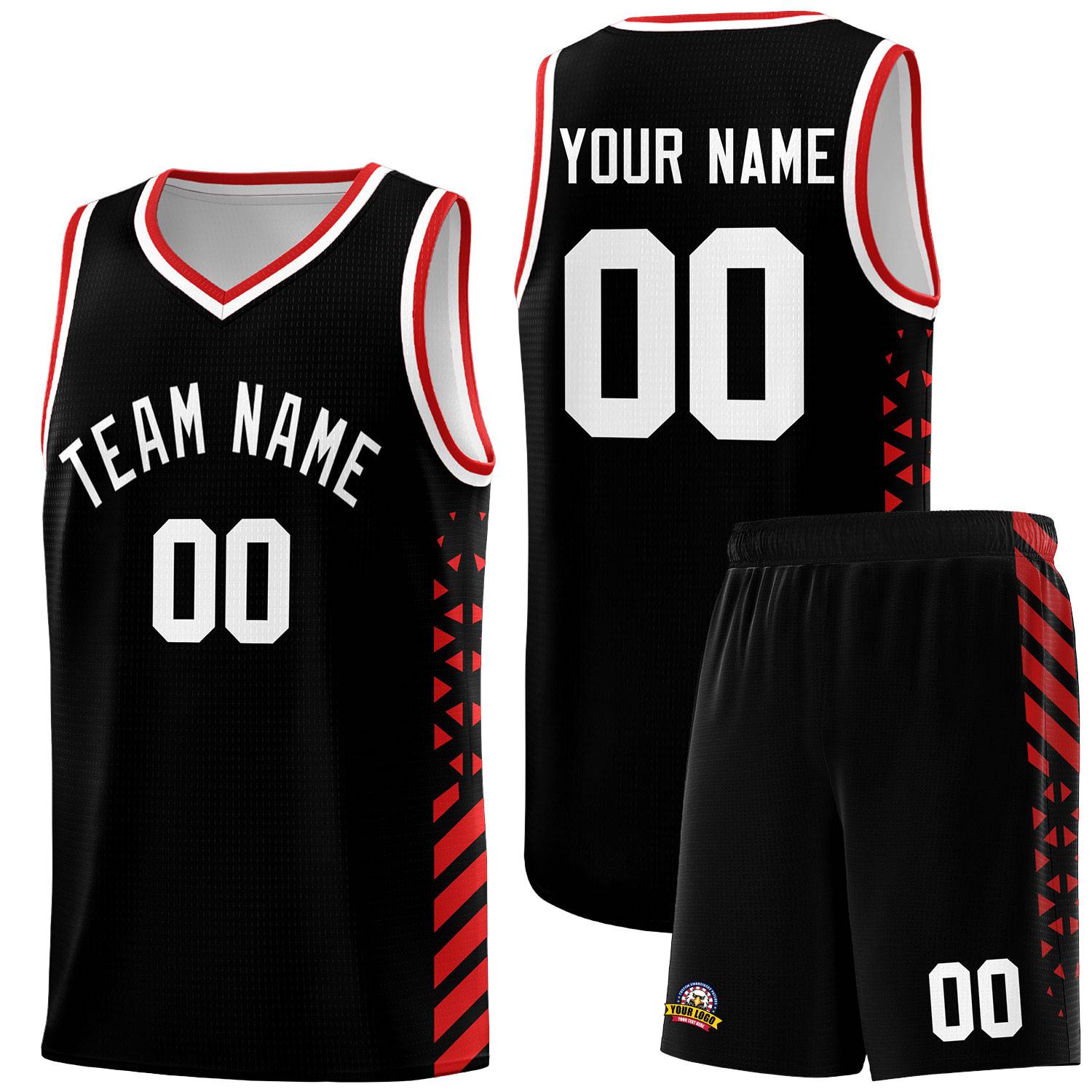 Custom Black Basketball Kits With Side Red Diamond Stripe Pattern