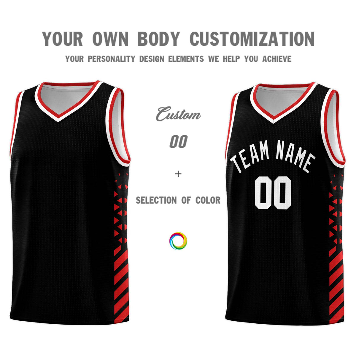Custom Black Basketball Kits With Side Red Diamond Stripe Pattern