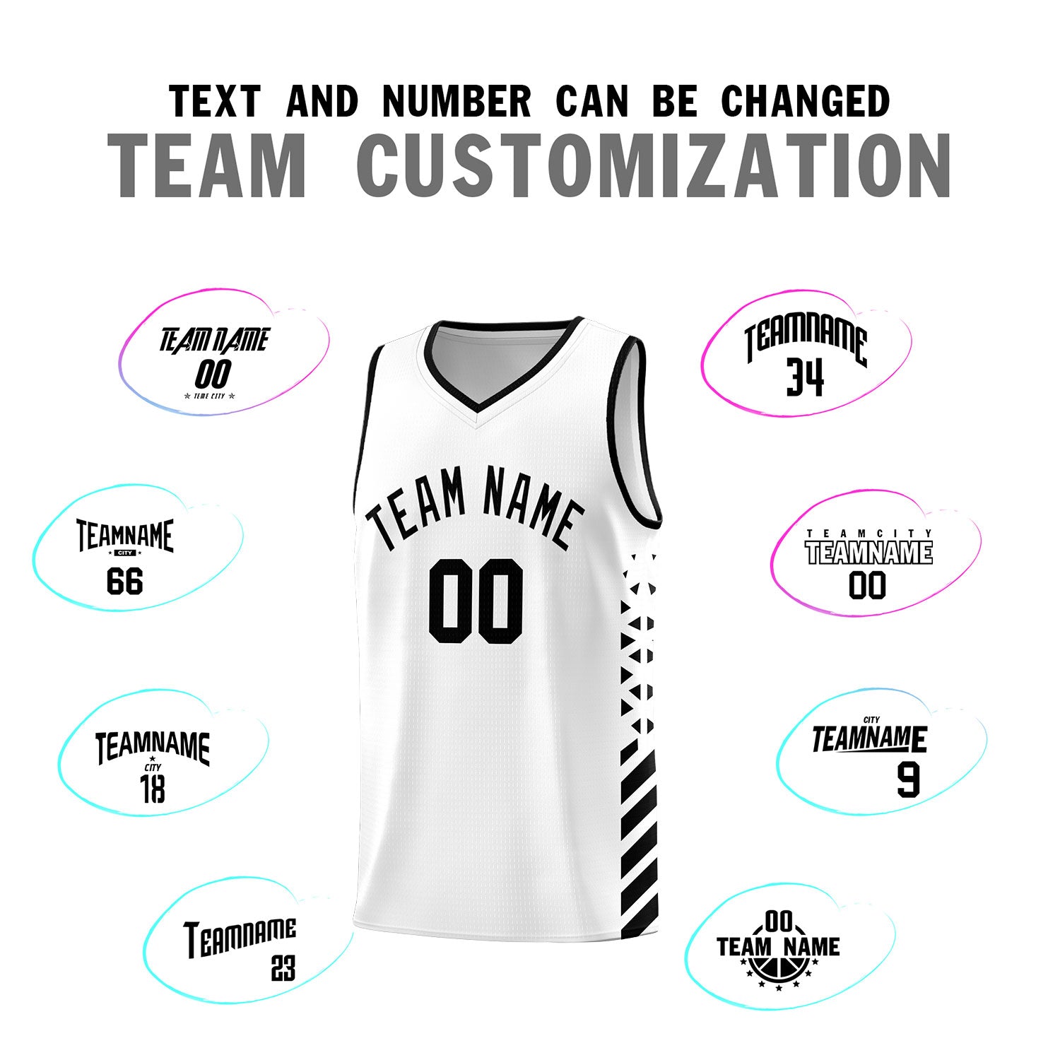 Custom White Basketball Kits With Side Black Diamond Stripe Pattern