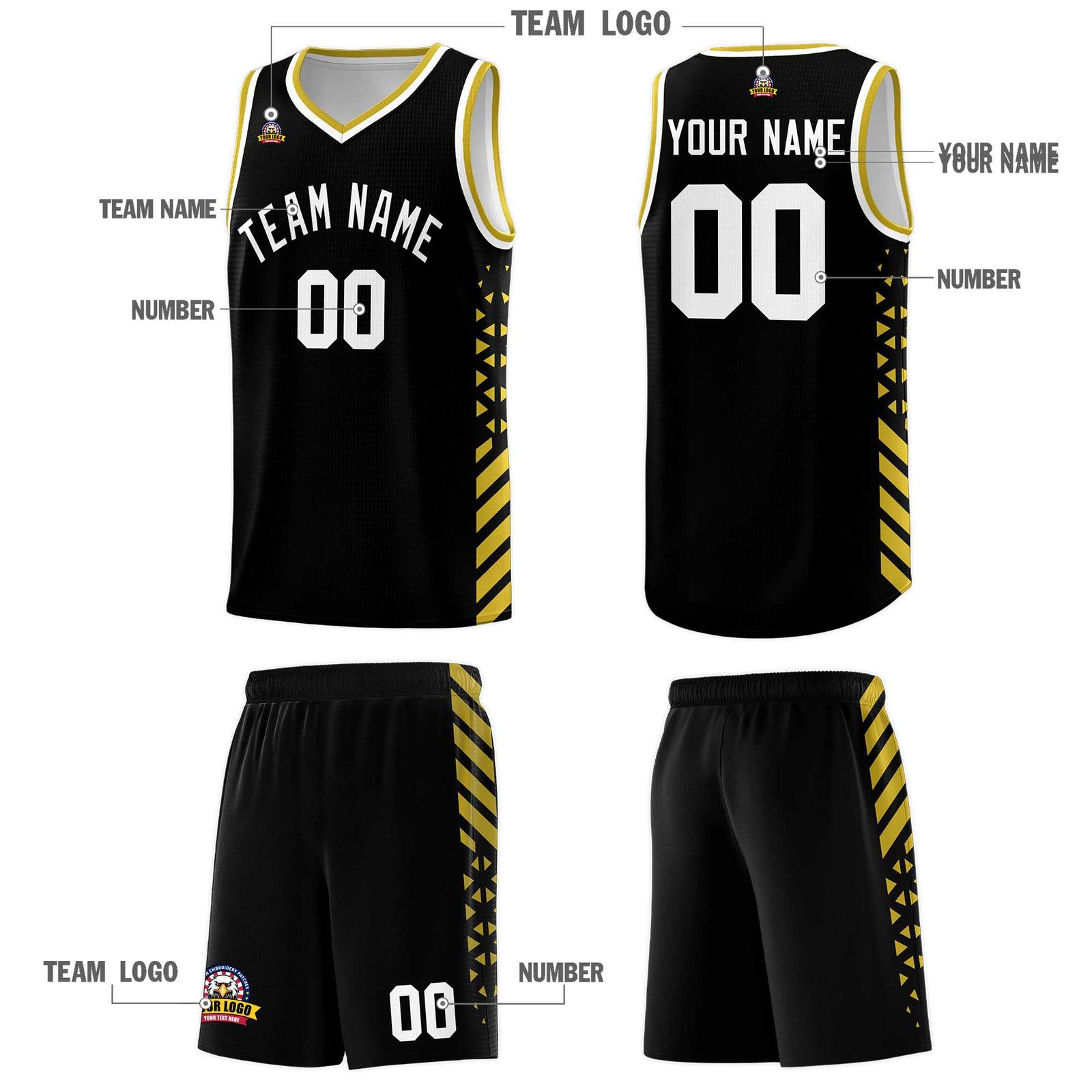 Custom Black Basketball Kits With Side Old Gold Diamond Stripe Pattern