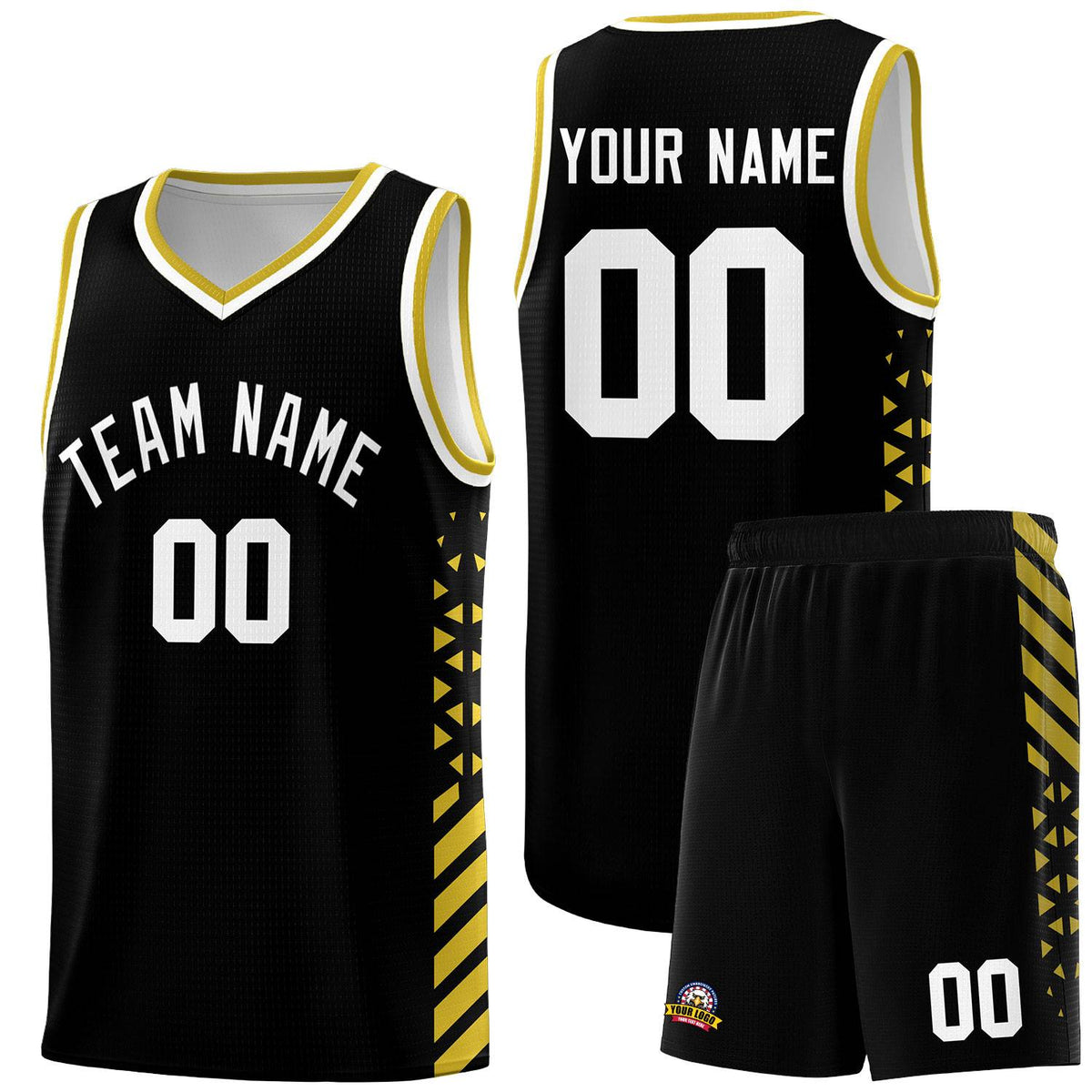Custom Black Basketball Kits With Side Old Gold Diamond Stripe Pattern