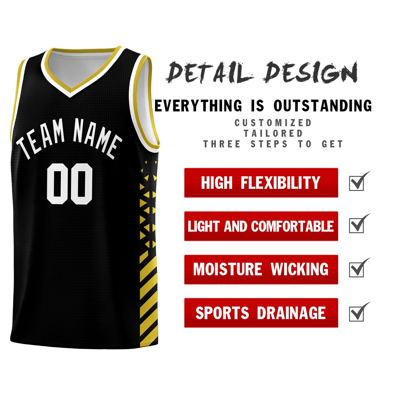 Custom Black Basketball Kits With Side Old Gold Diamond Stripe Pattern