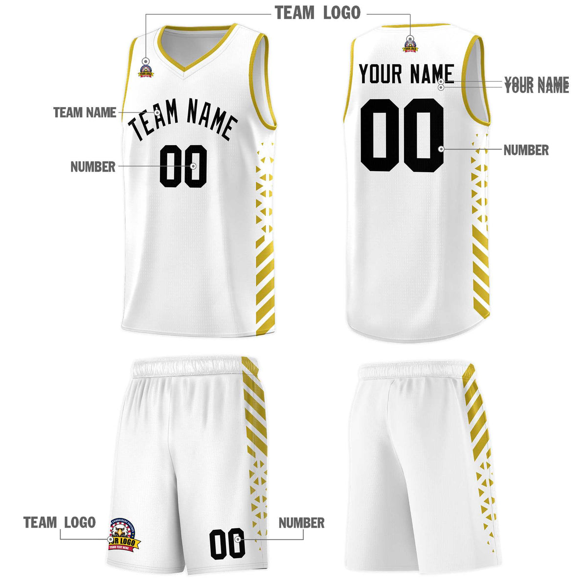 Custom White Basketball Kits With Side Old Gold Diamond Stripe Pattern