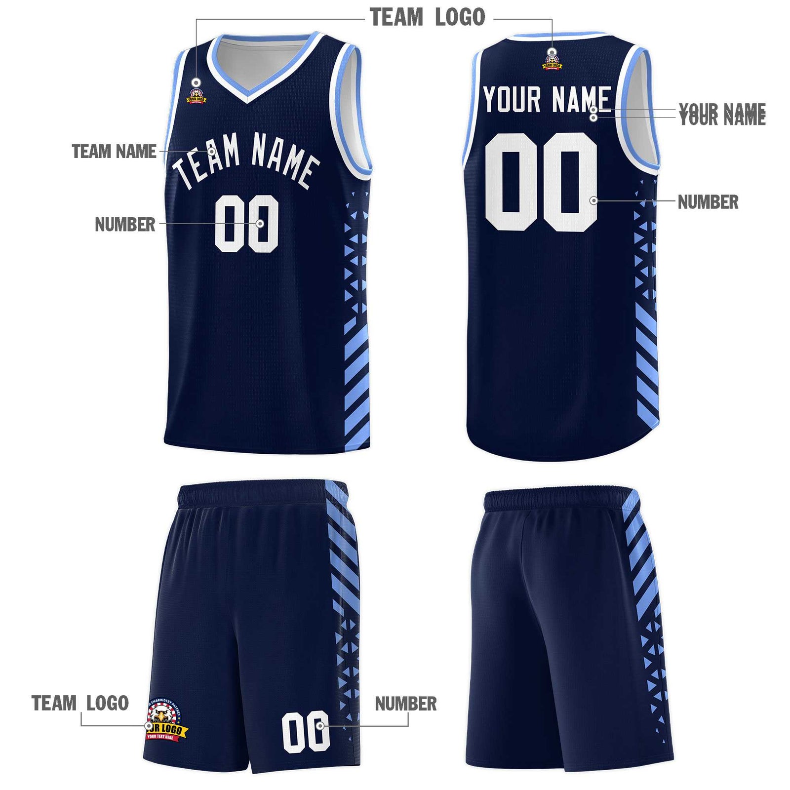 Custom Navy Basketball Kits With Side Light Blue Diamond Stripe Pattern