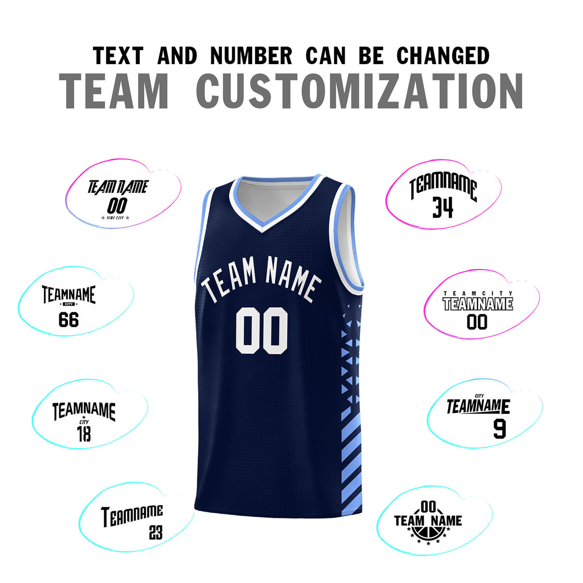 Custom Navy Basketball Kits With Side Light Blue Diamond Stripe Pattern
