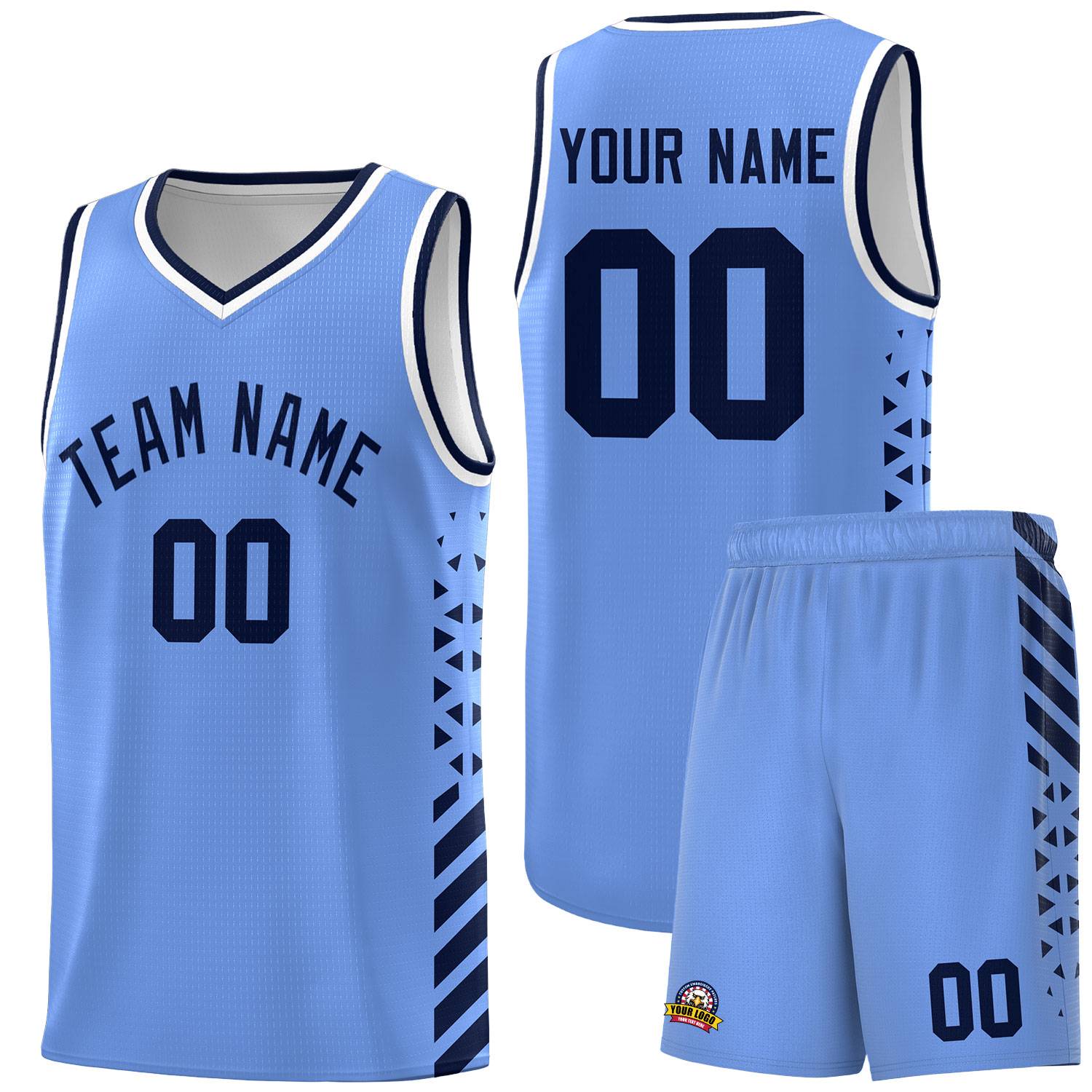 Custom Light Blue Basketball Kits With Side Navy Diamond Stripe Pattern