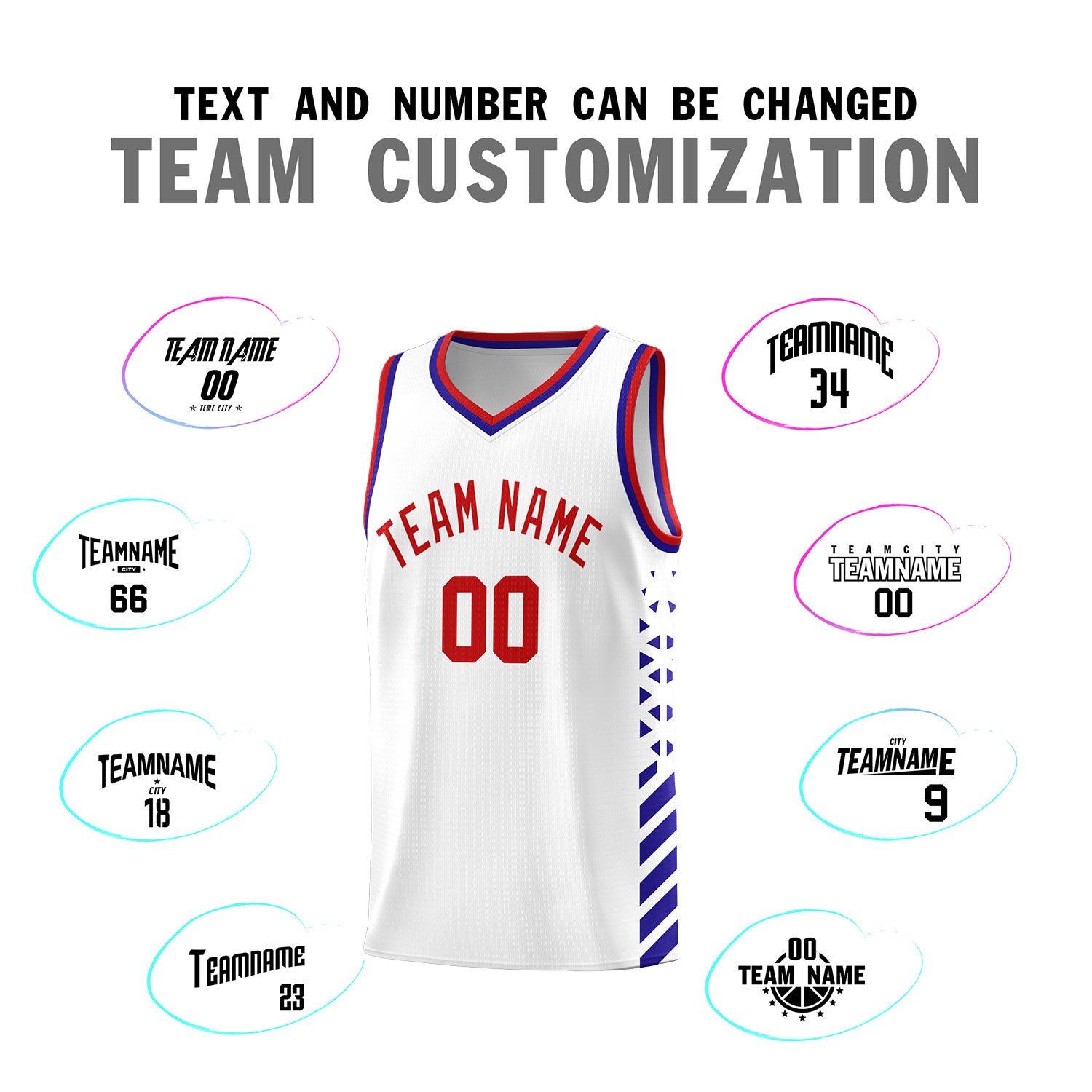 Custom White Basketball Kits With Side Royal Diamond Stripe Pattern