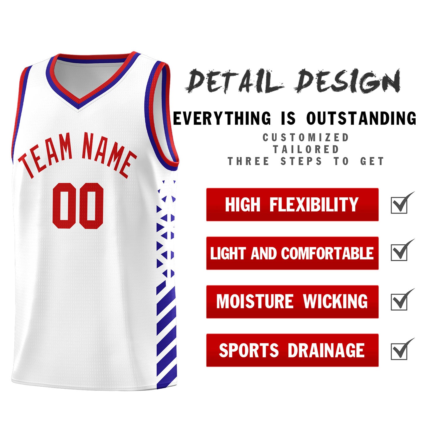 Custom White Basketball Kits With Side Royal Diamond Stripe Pattern