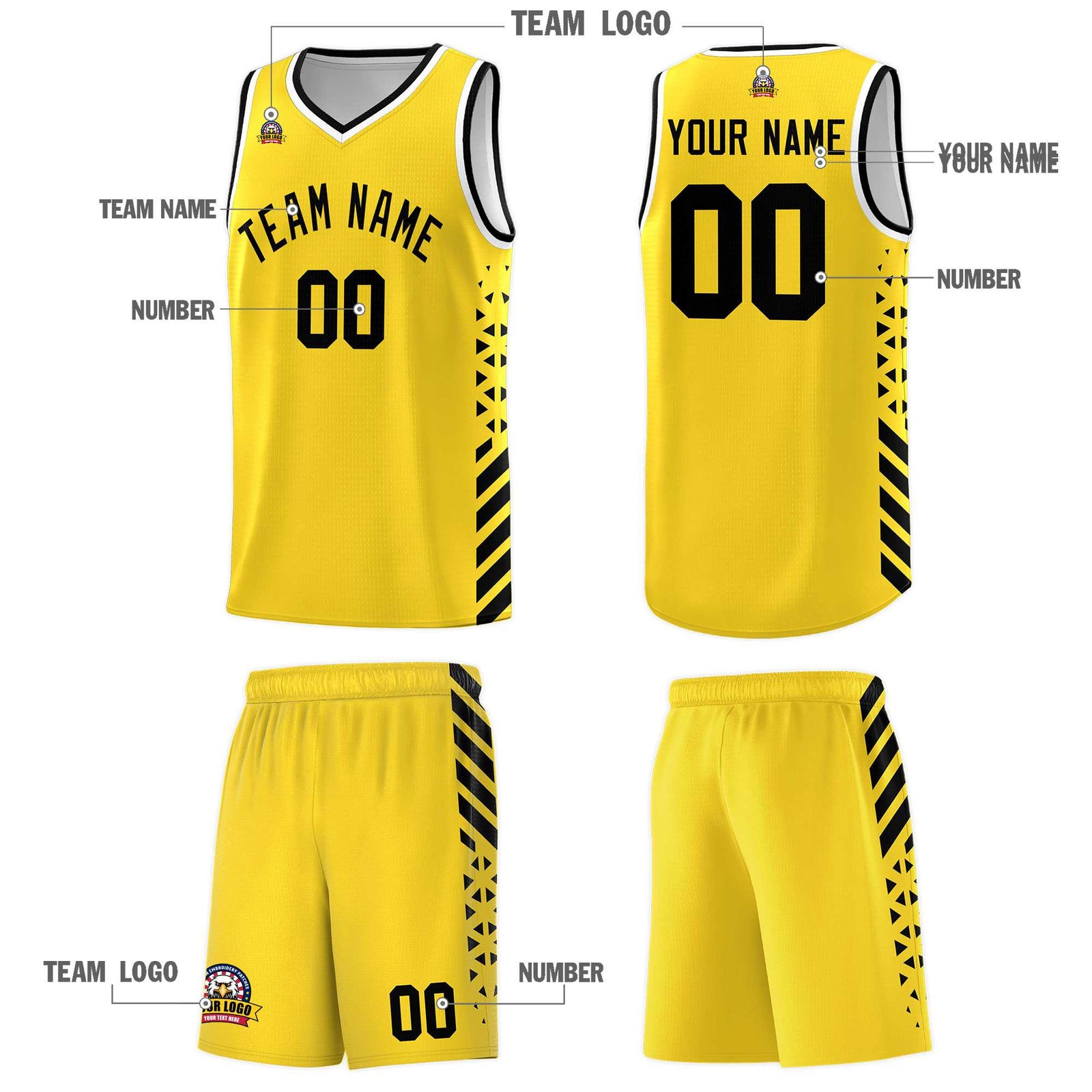 Custom Gold Basketball Kits With Side Black Diamond Stripe Pattern