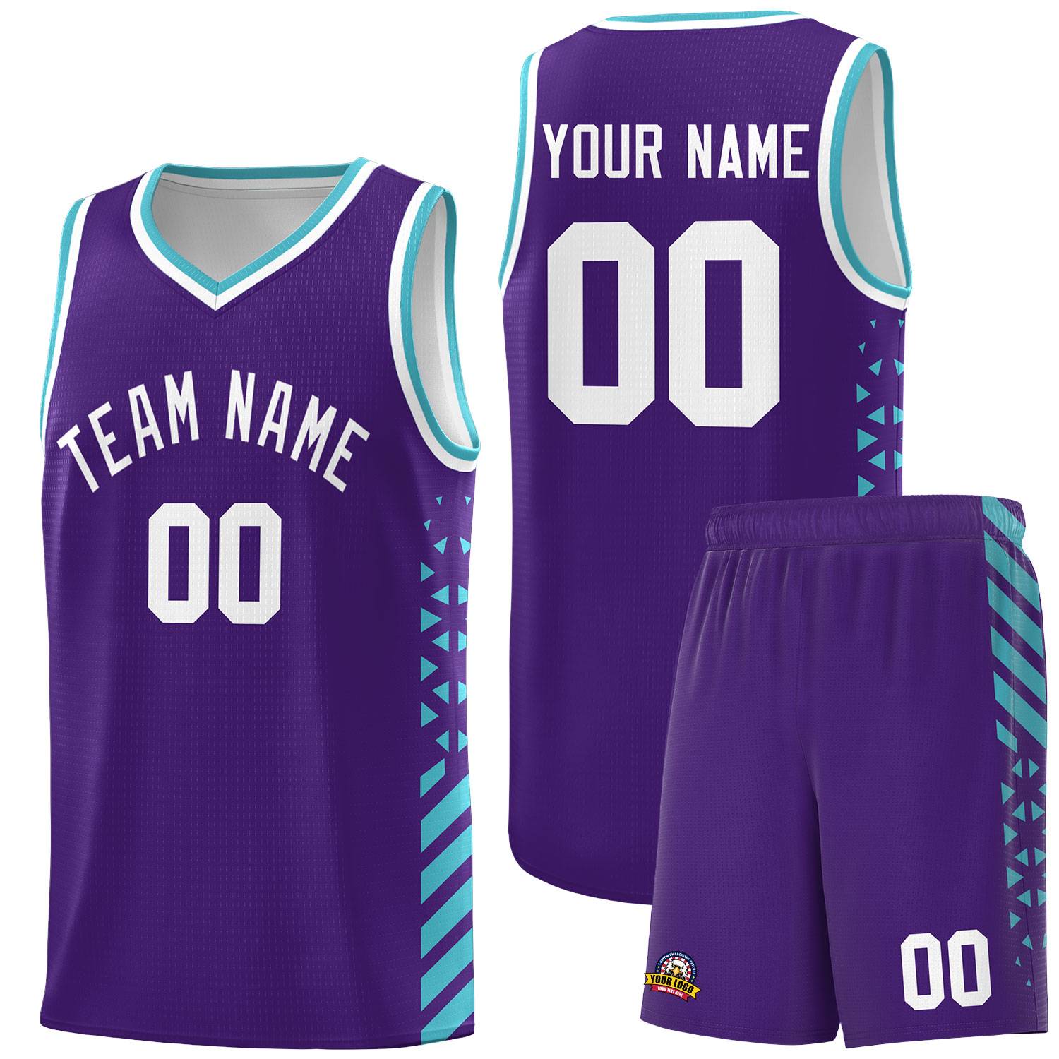 Custom Purple Basketball Kits With Side Sky Blue Diamond Stripe Pattern