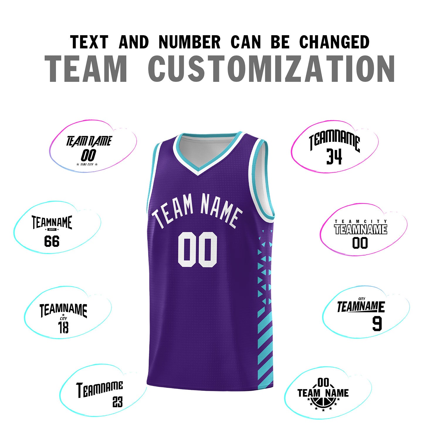 Custom Purple Basketball Kits With Side Sky Blue Diamond Stripe Pattern