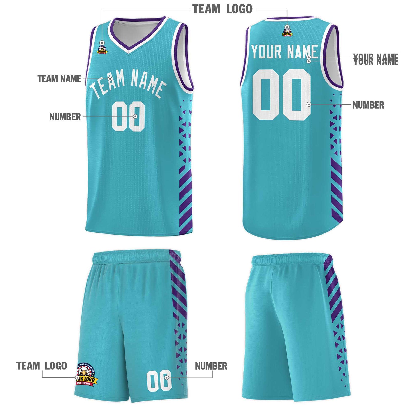 Custom Sky Blue Basketball Kits With Side Purple Diamond Stripe Pattern