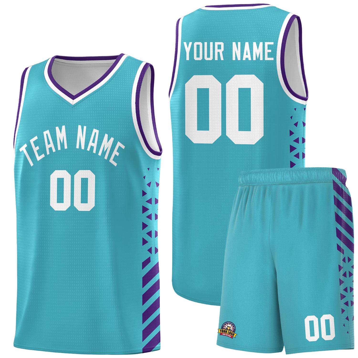 Custom Sky Blue Basketball Kits With Side Purple Diamond Stripe Pattern