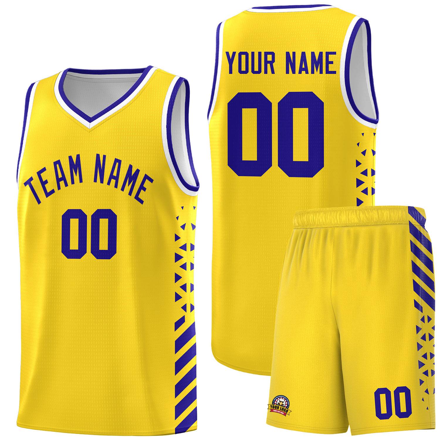 Custom Gold Basketball Kits With Side Royal Diamond Stripe Pattern