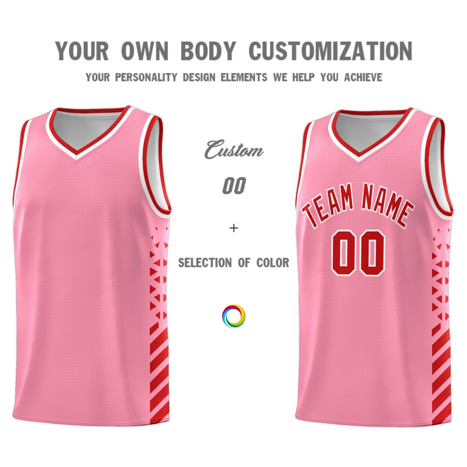 Custom Light Pink Basketball Kits With Side Red Diamond Stripe Pattern