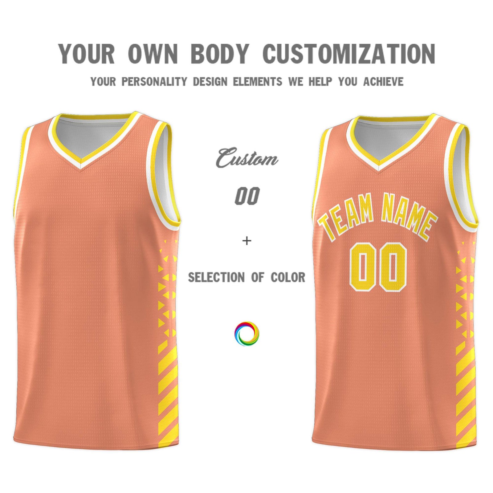 Custom Light Orange Basketball Kits With Side Gold Diamond Stripe Pattern
