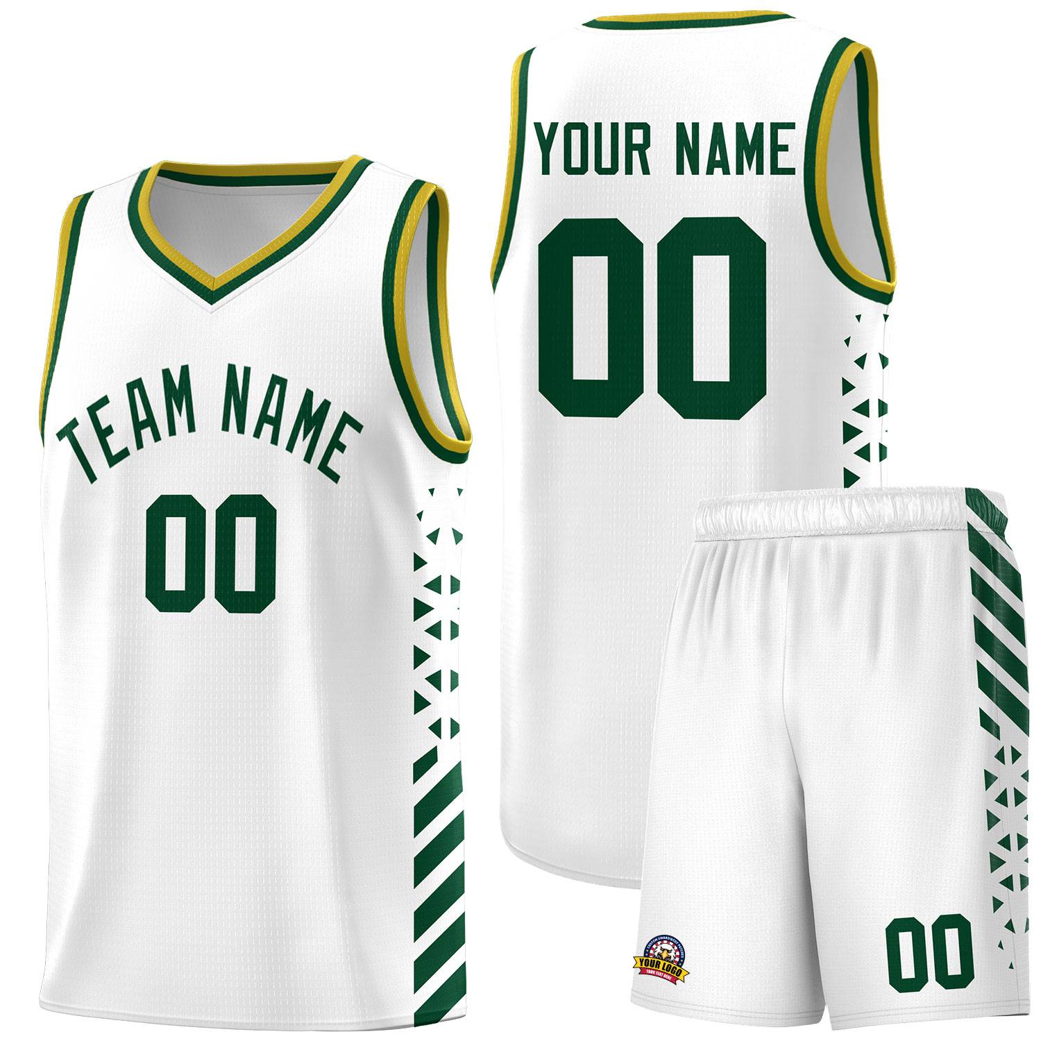 Custom White Basketball Kits With Side Green Diamond Stripe Pattern