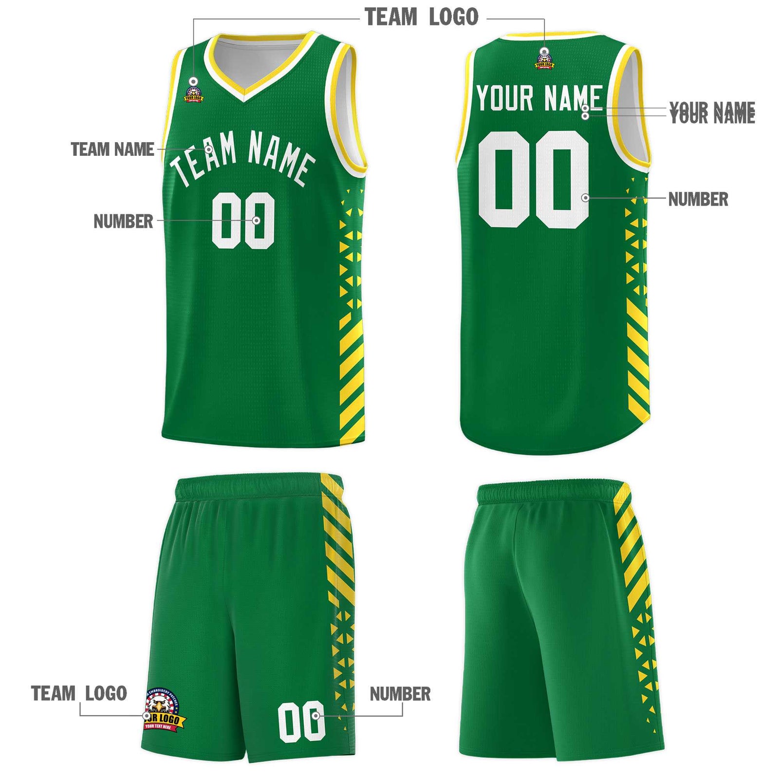 Custom Kelly Green Basketball Kits With Side Gold Diamond Stripe Pattern