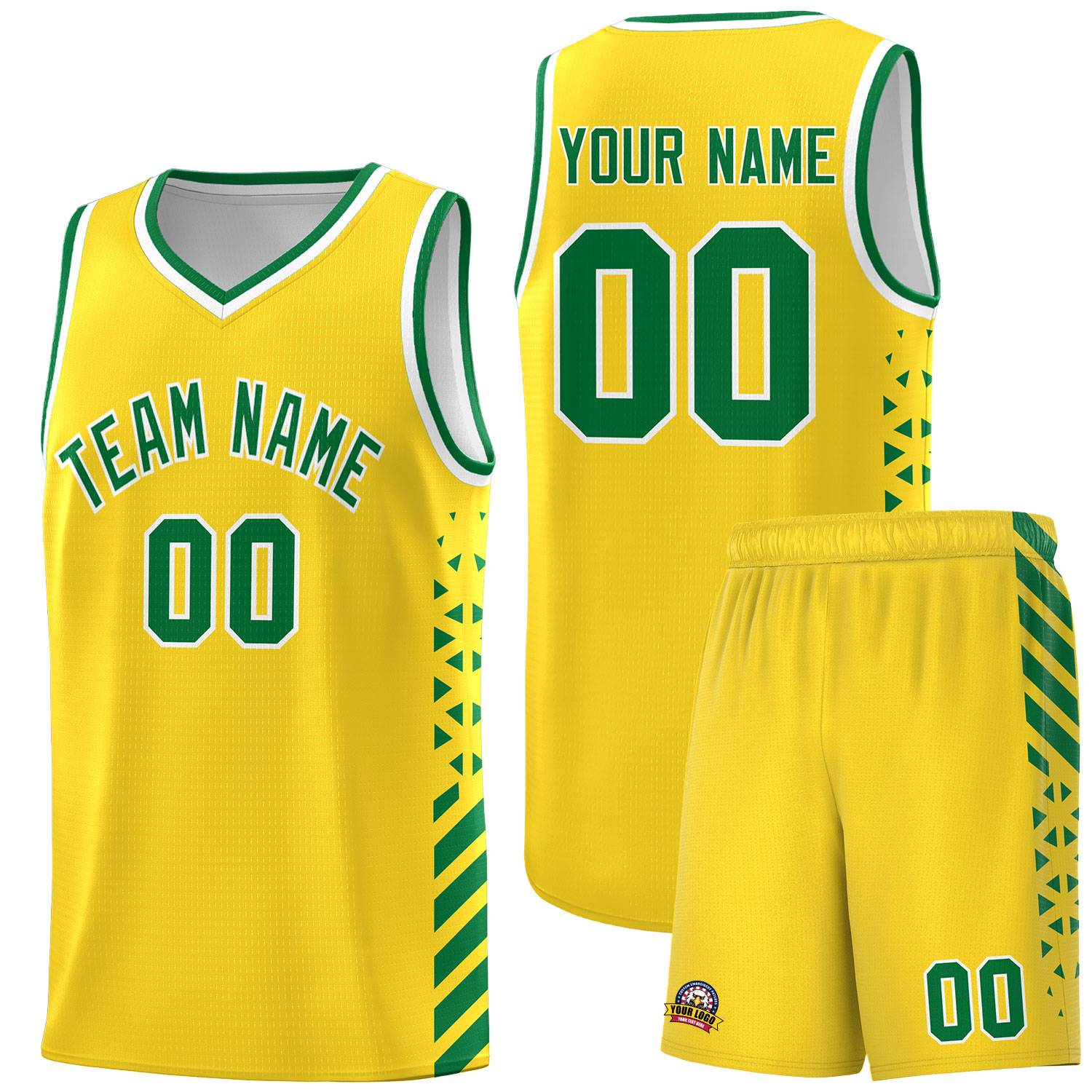 Custom Gold Basketball Kits With Side Kelly Green Diamond Stripe Pattern