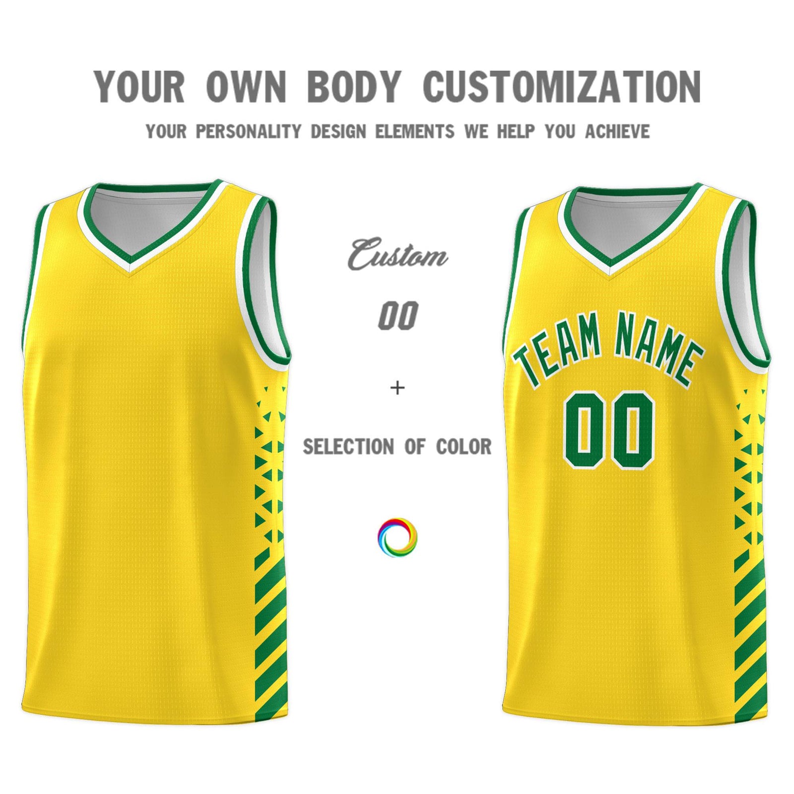 Custom Gold Basketball Kits With Side Kelly Green Diamond Stripe Pattern